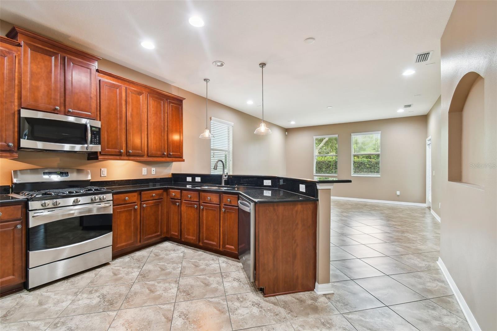 Kitchen overlooking living area