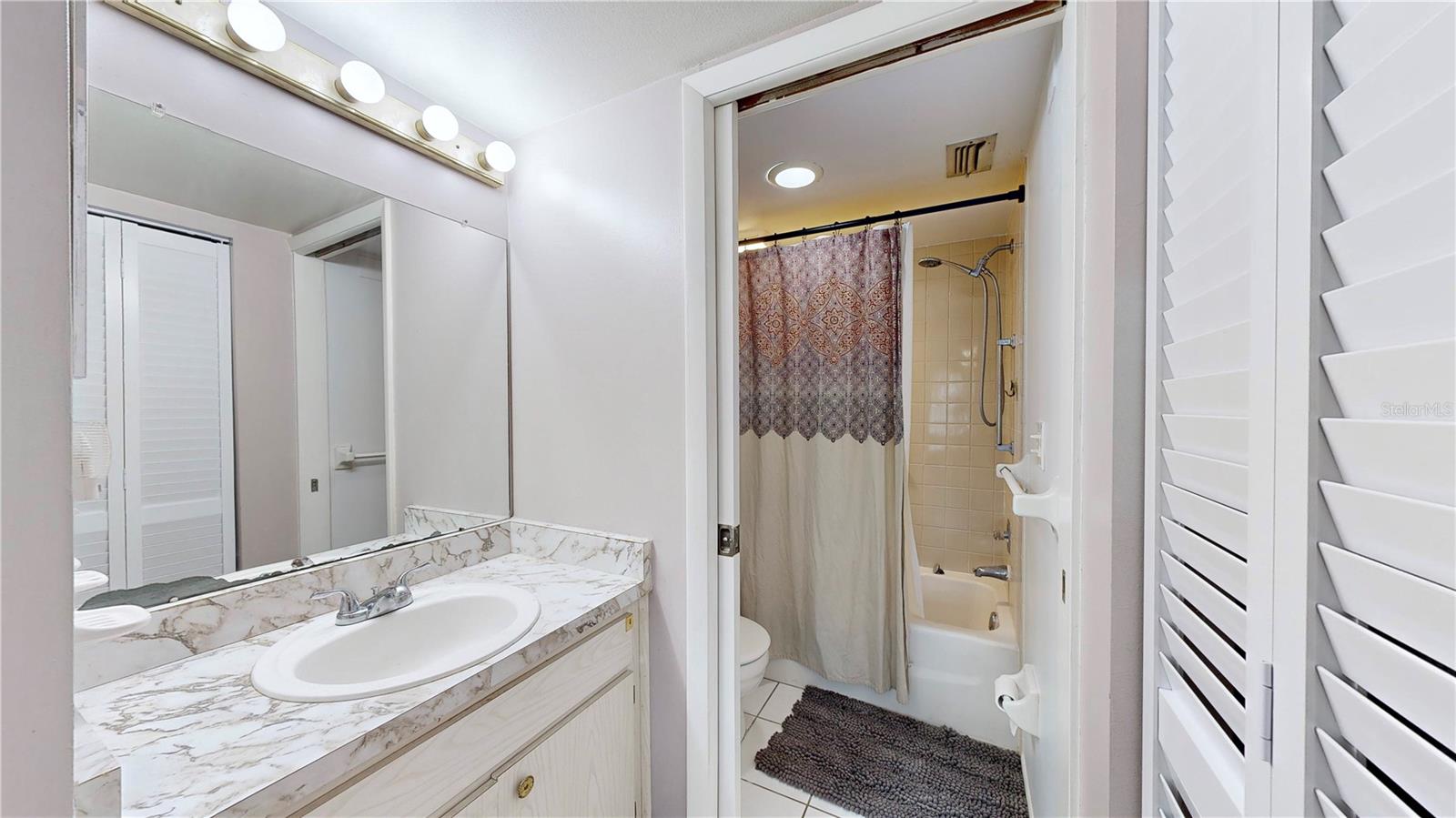 En suite bathroom with walk-in closet.