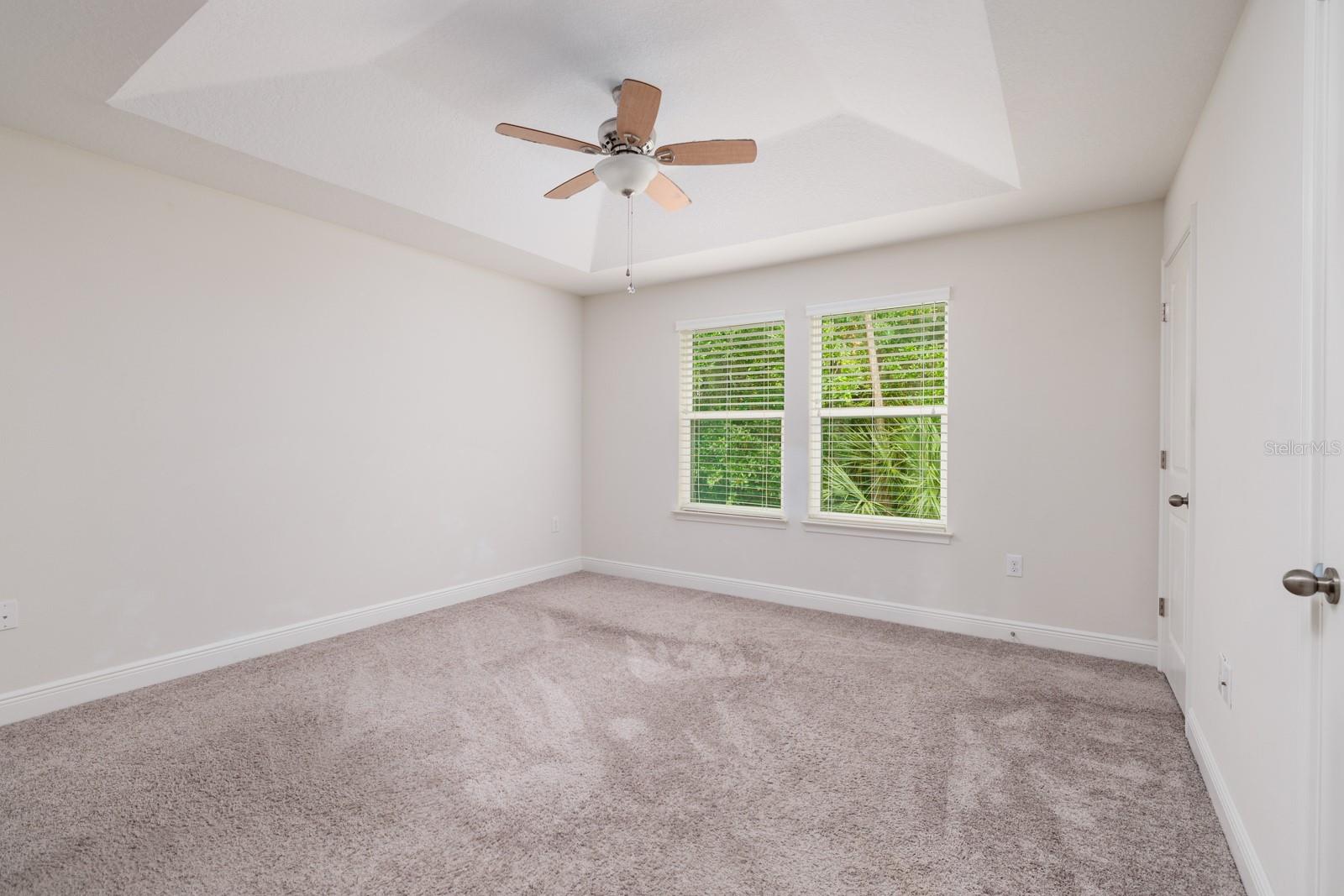 Primary Bedroom with tray ceiling and view of preserve out back.