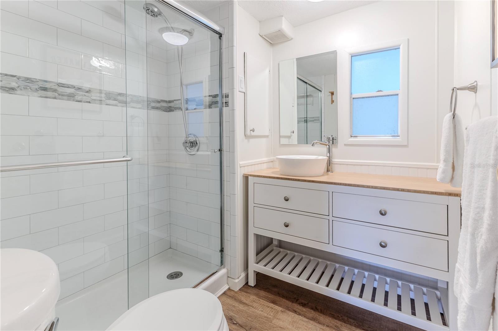 Guest Bathroom with Porcelain Top, Soft Close Drawers & Walk in Tiled Shower