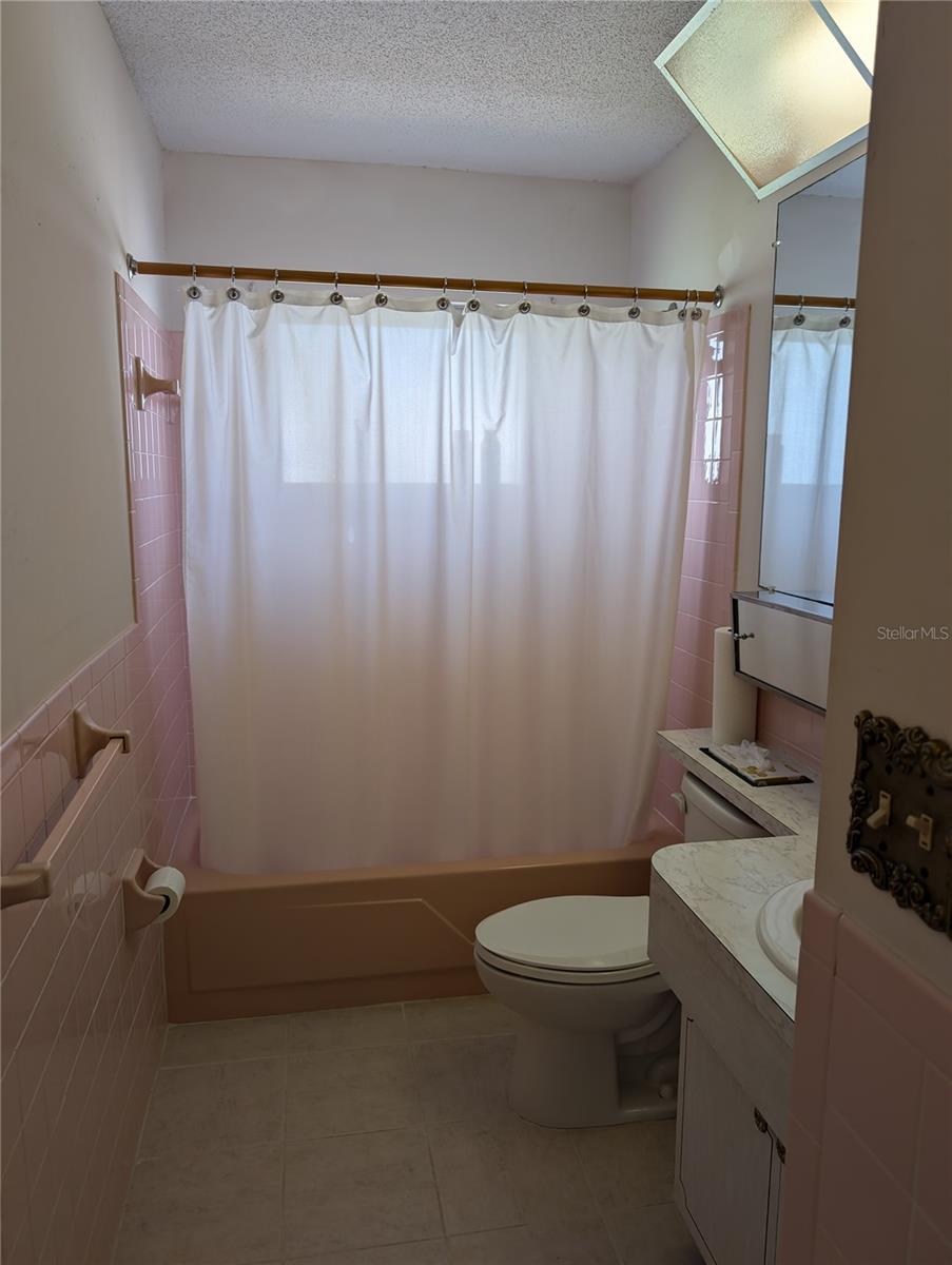 Guest bath offers bathtub with shower.