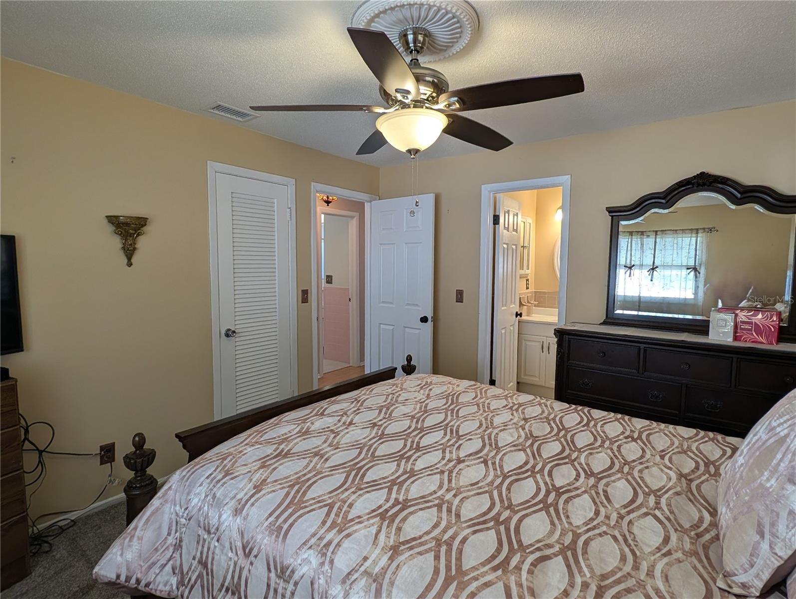 View of ensuite bathroom, closet and the guest bathroom in the hallway.