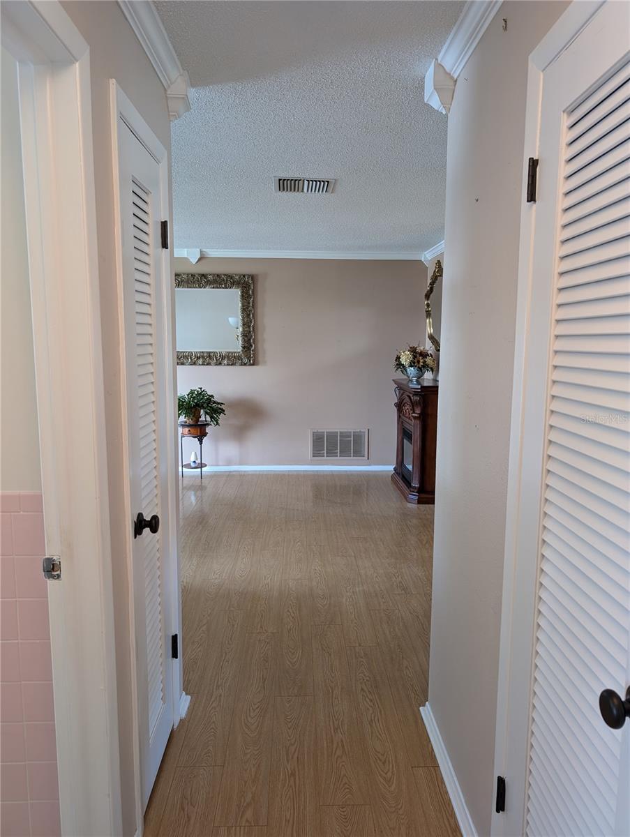 Hallway view to living area.  Linen closet next to guest bath on left, hall closet on right.