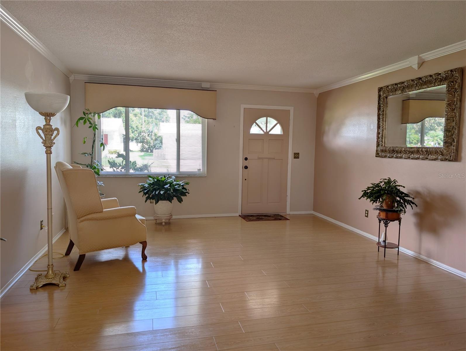 Living room on the way out the front door.  Features include wood laminate flooring and crown molding.