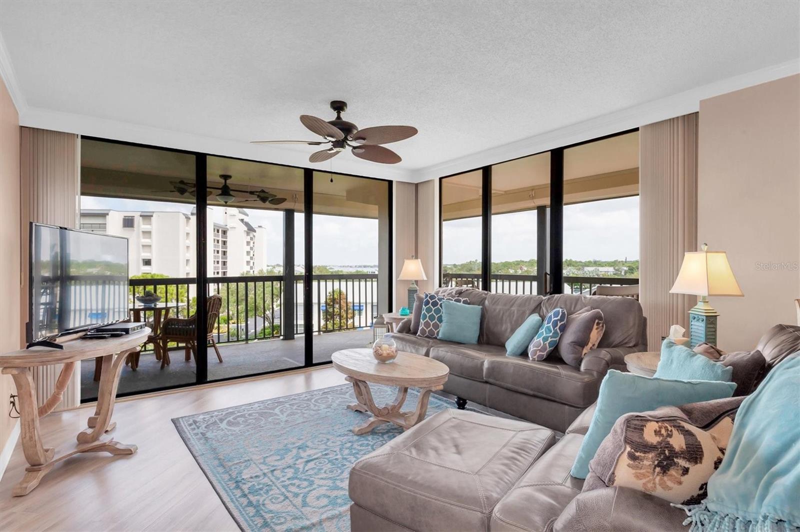 Living room with wrap around balcony