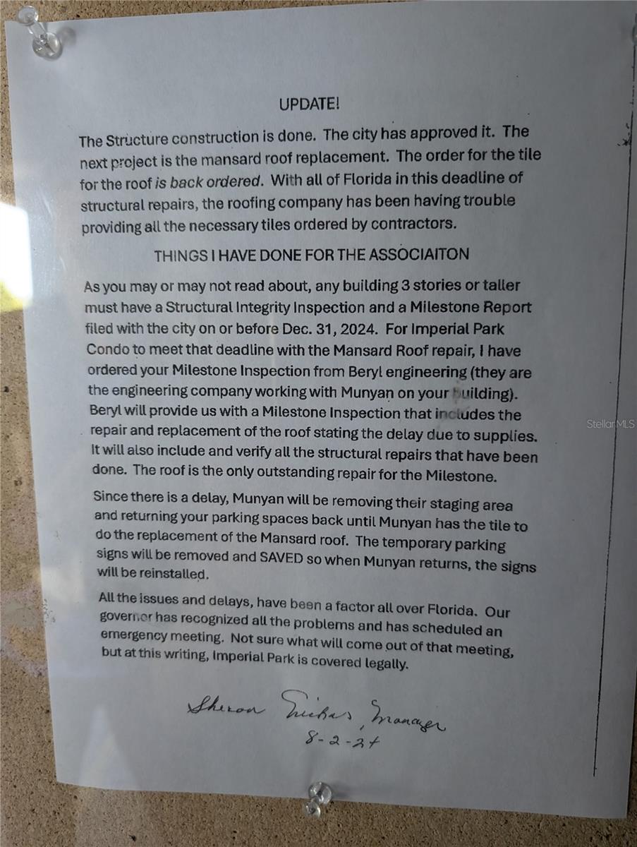 Milestone Update from Property Manager, Sheron Nichols - posted on bulletin board on ground level