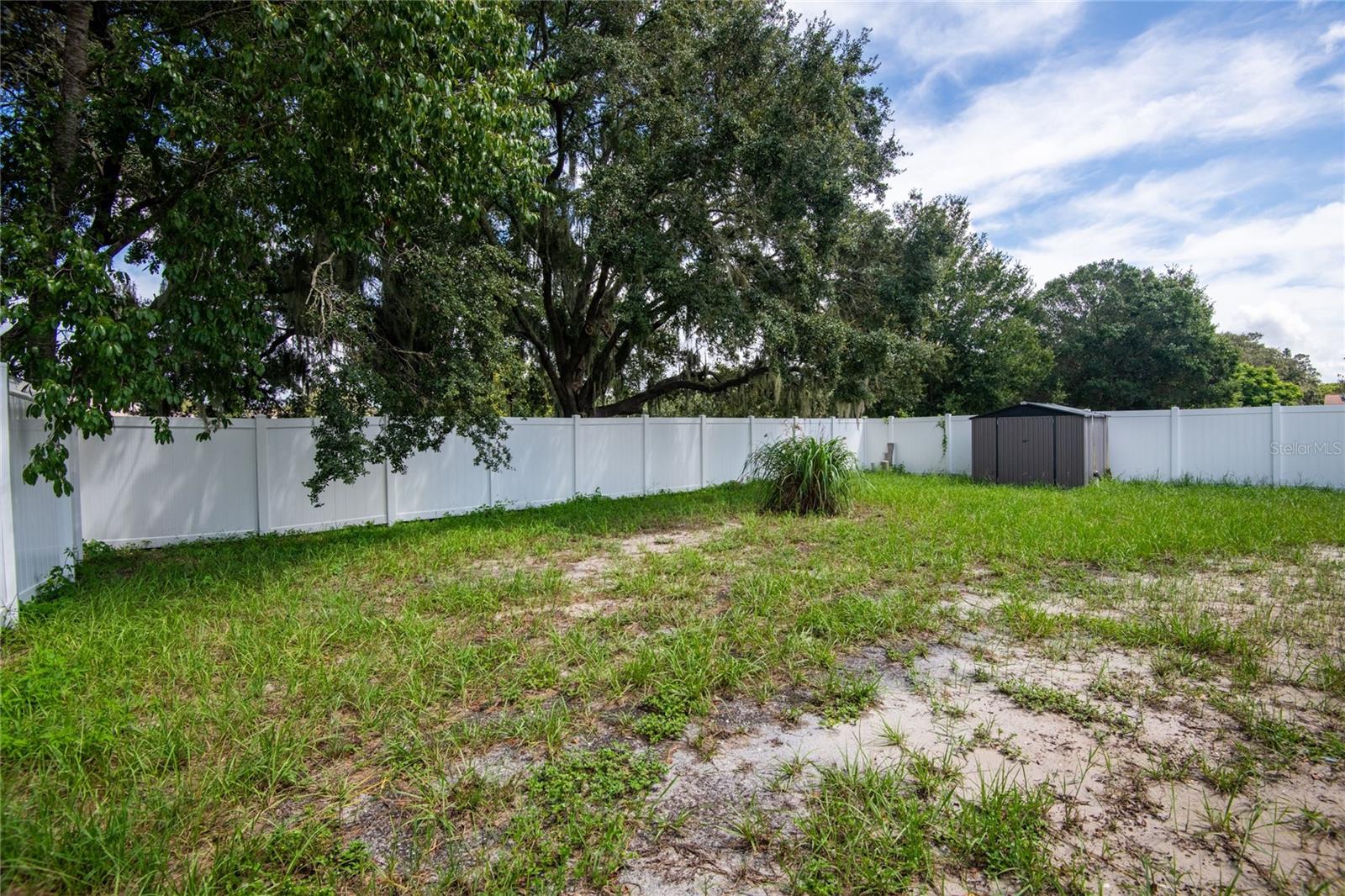 Spacious yard with new fencing and shed.