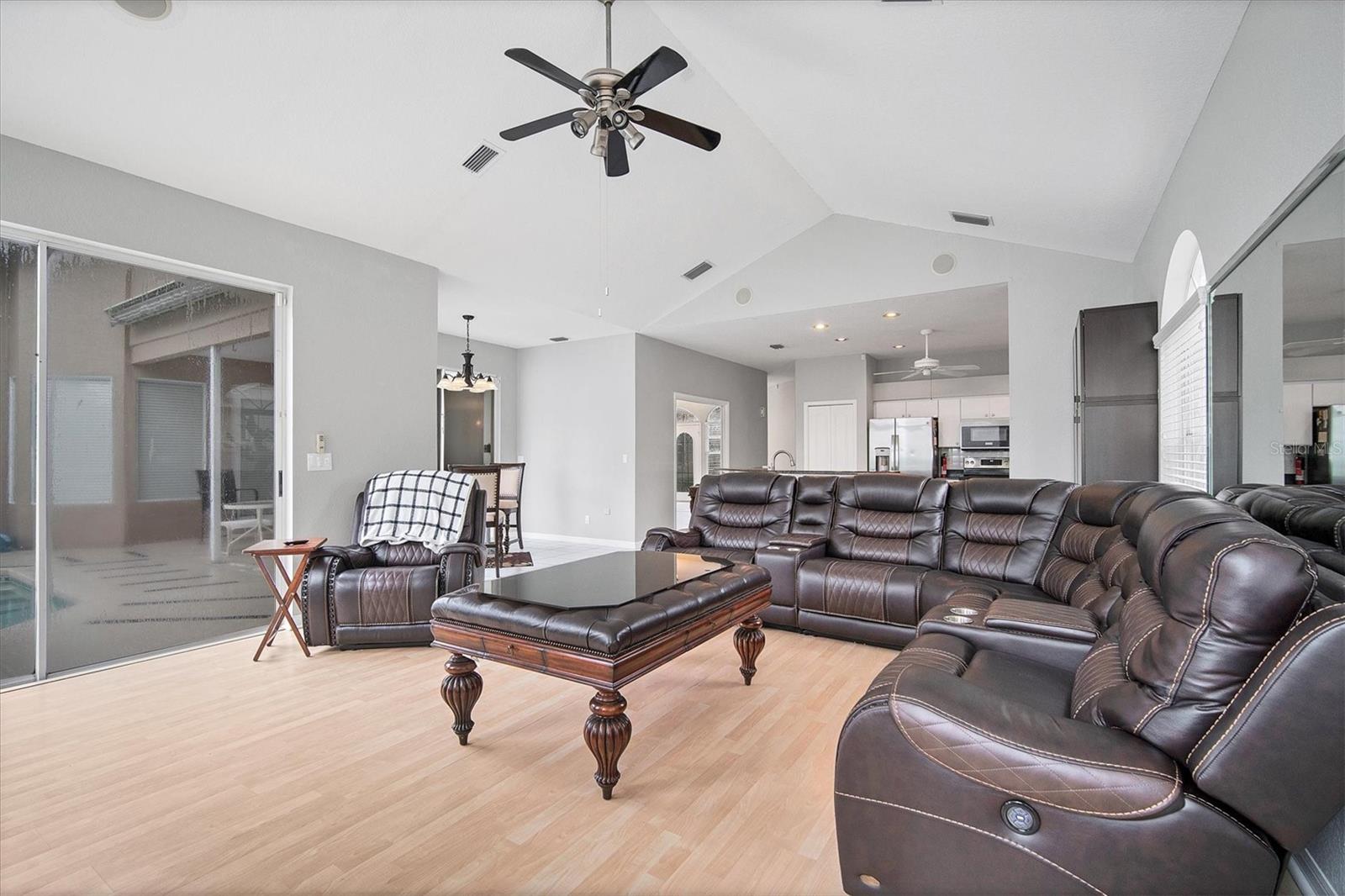 Spacious family room is open to kitchen and dinette