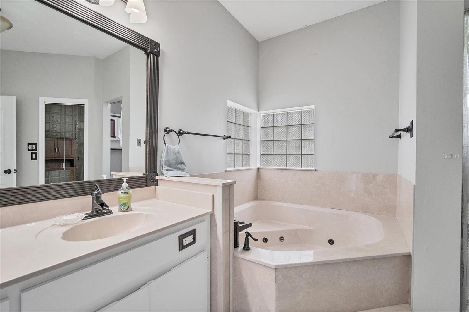 Master bath jetted tub and glass block windows to allow natural light yet still provides privacy