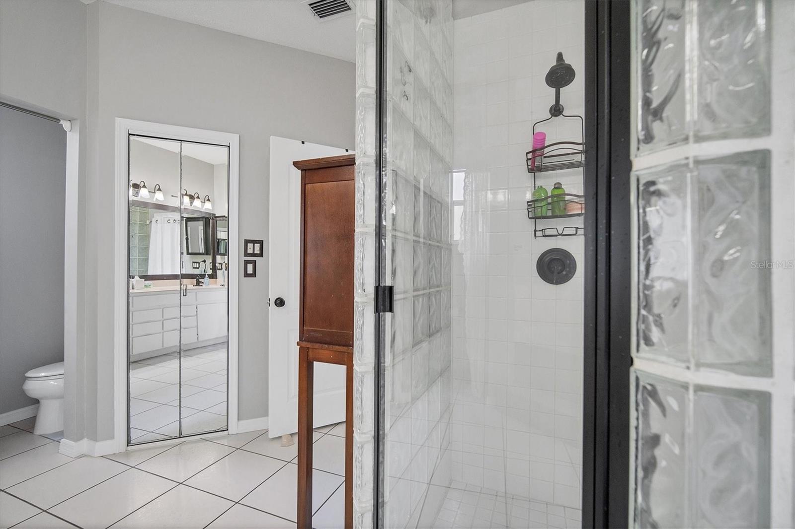 Master bath shower, linen closet behind mirrored doors and a private water closet