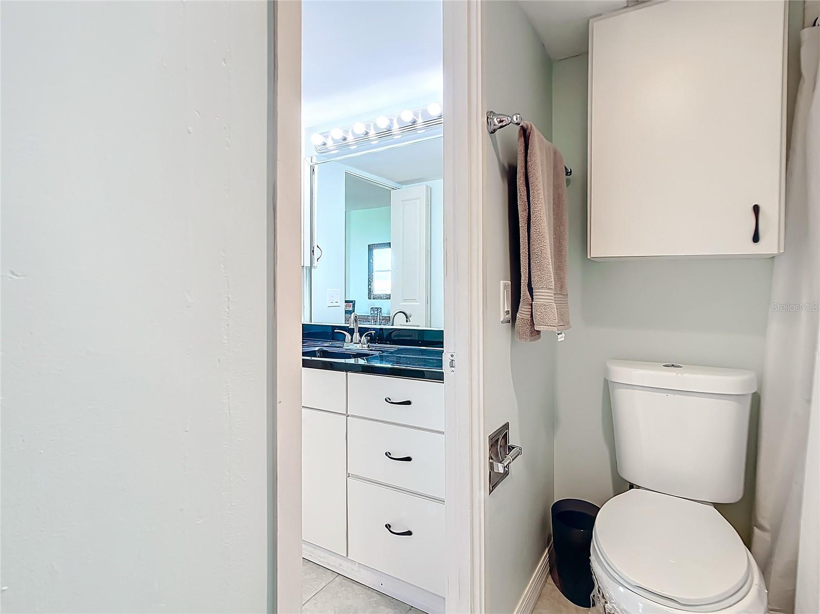 This is another view of the primary bathroom showing the toilet that is next to the tub and shower.