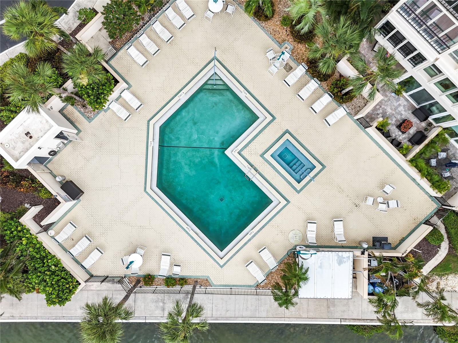 Aerial view of the pool that is located right next to the Ambassador building.