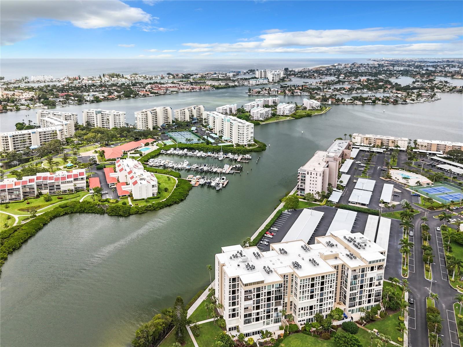 This aerial view shows a close-up of the Ambassador building and how it is situated right on the water.