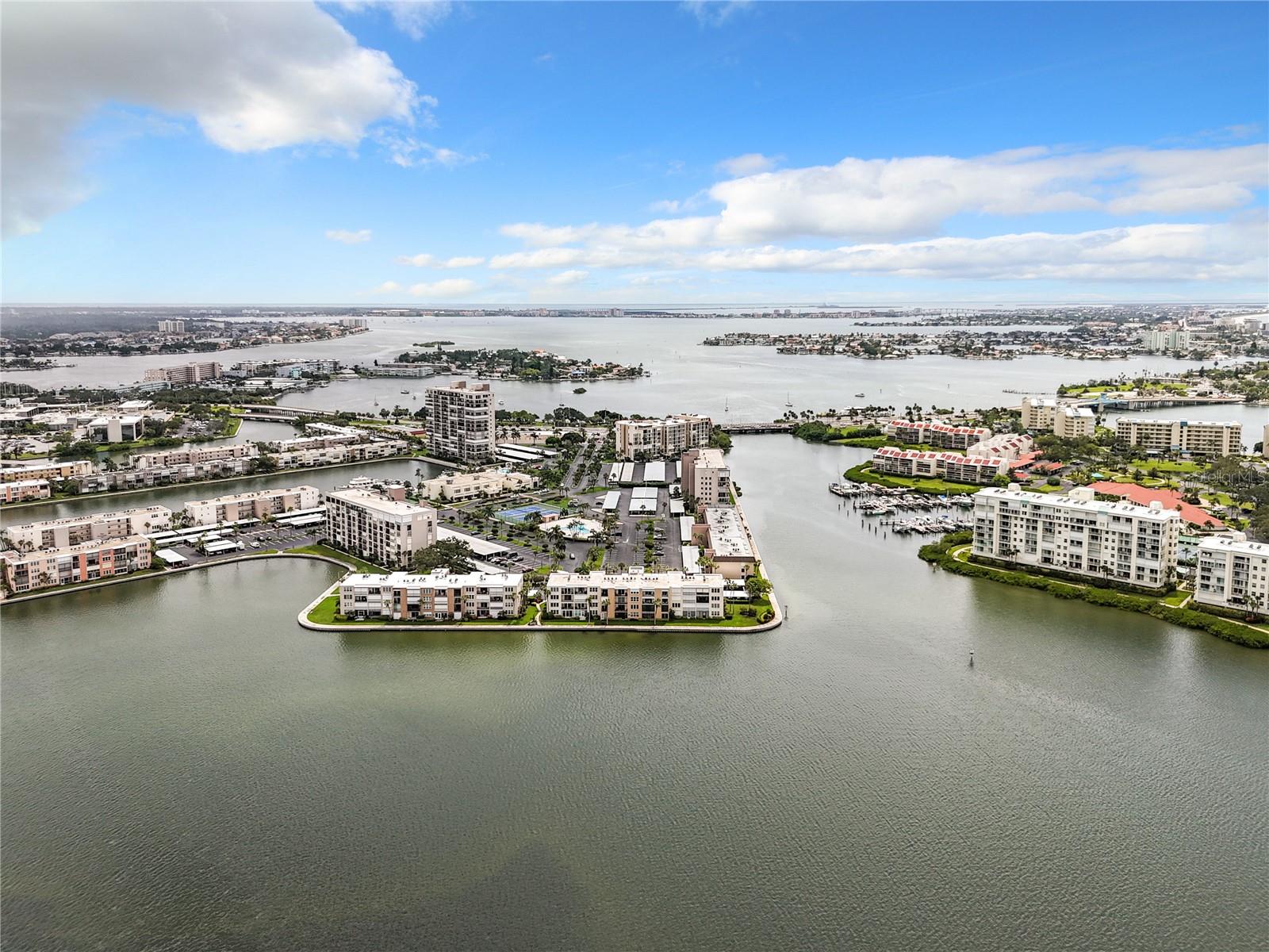 Aerial view looking straight down at Bay Islands with the Ambassador building at the very end on the right.