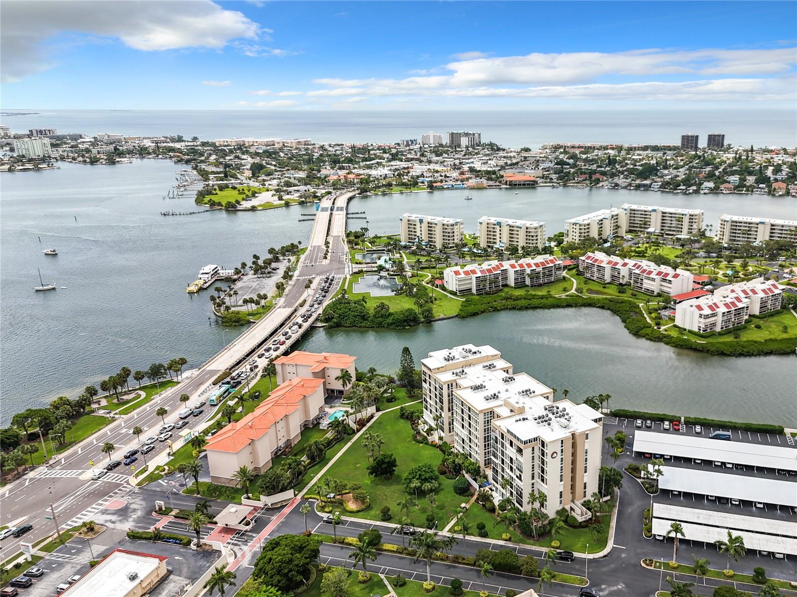 This aerial view shows the Ambassador building and the close proximity to St. Pete Beach and the Gulf of Mexico