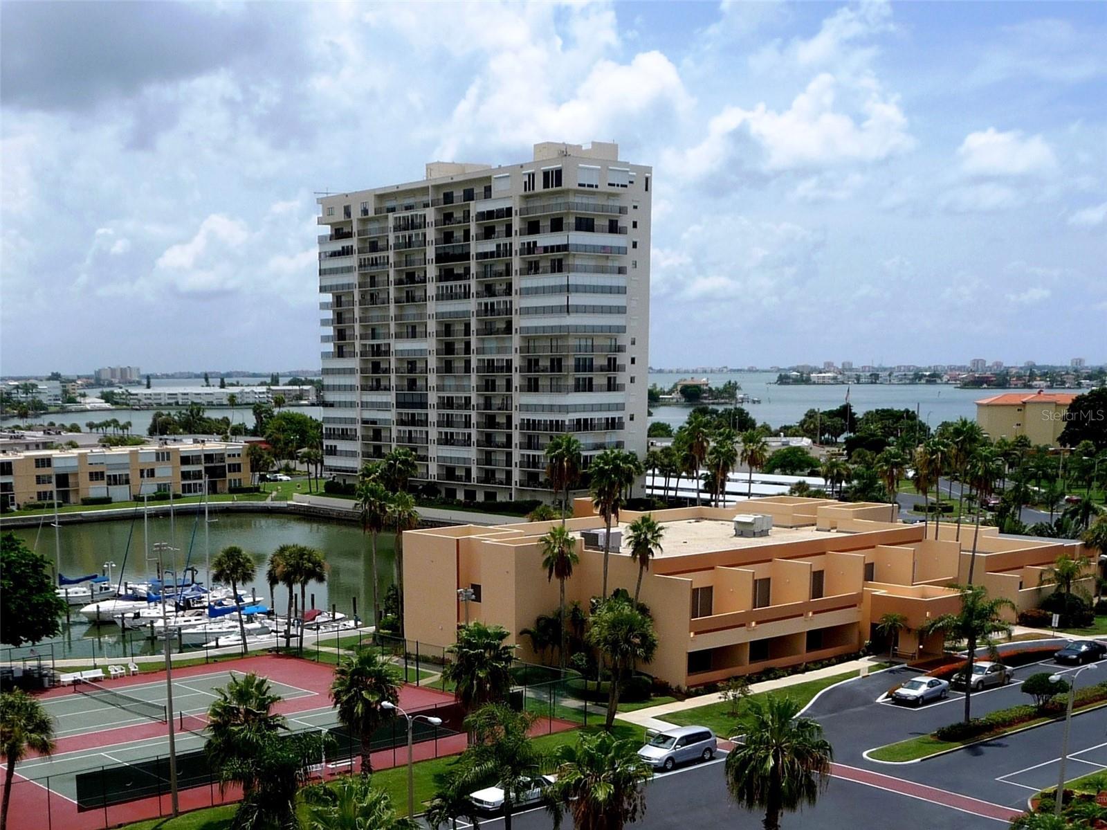 This is a close up view of marina and boat slips in Bay Islands