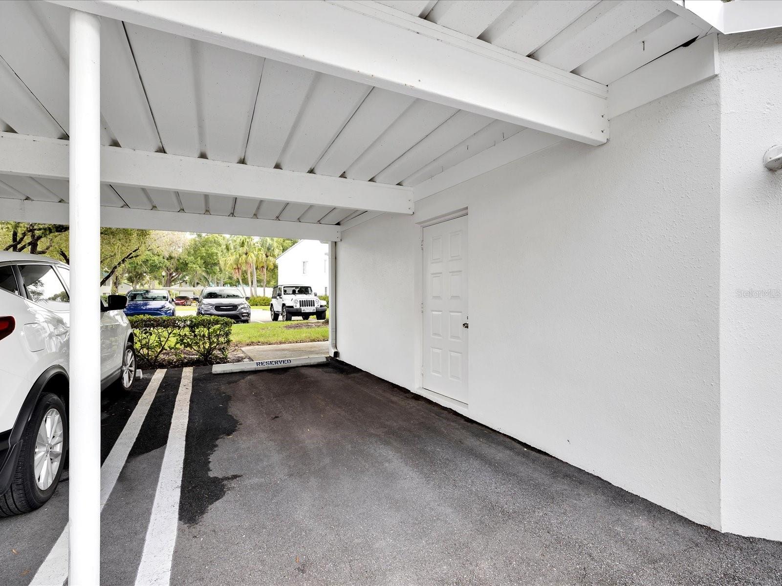 1 assigned covered parking space w/ locked private storage closet