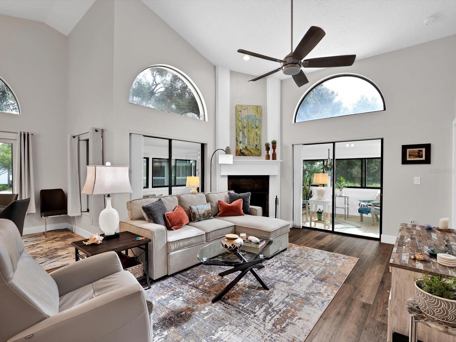 Spacious living room with vaulted ceilings