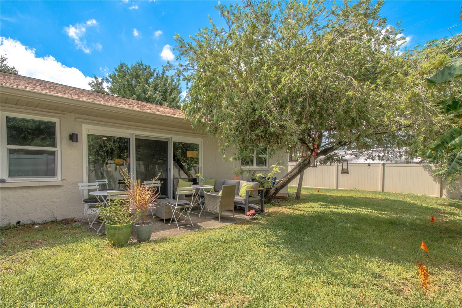 The private backyard features a patio shaded by a bottle brush tree.