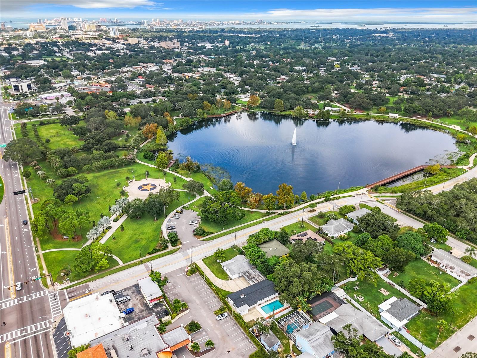 Aerial view of lake and house.