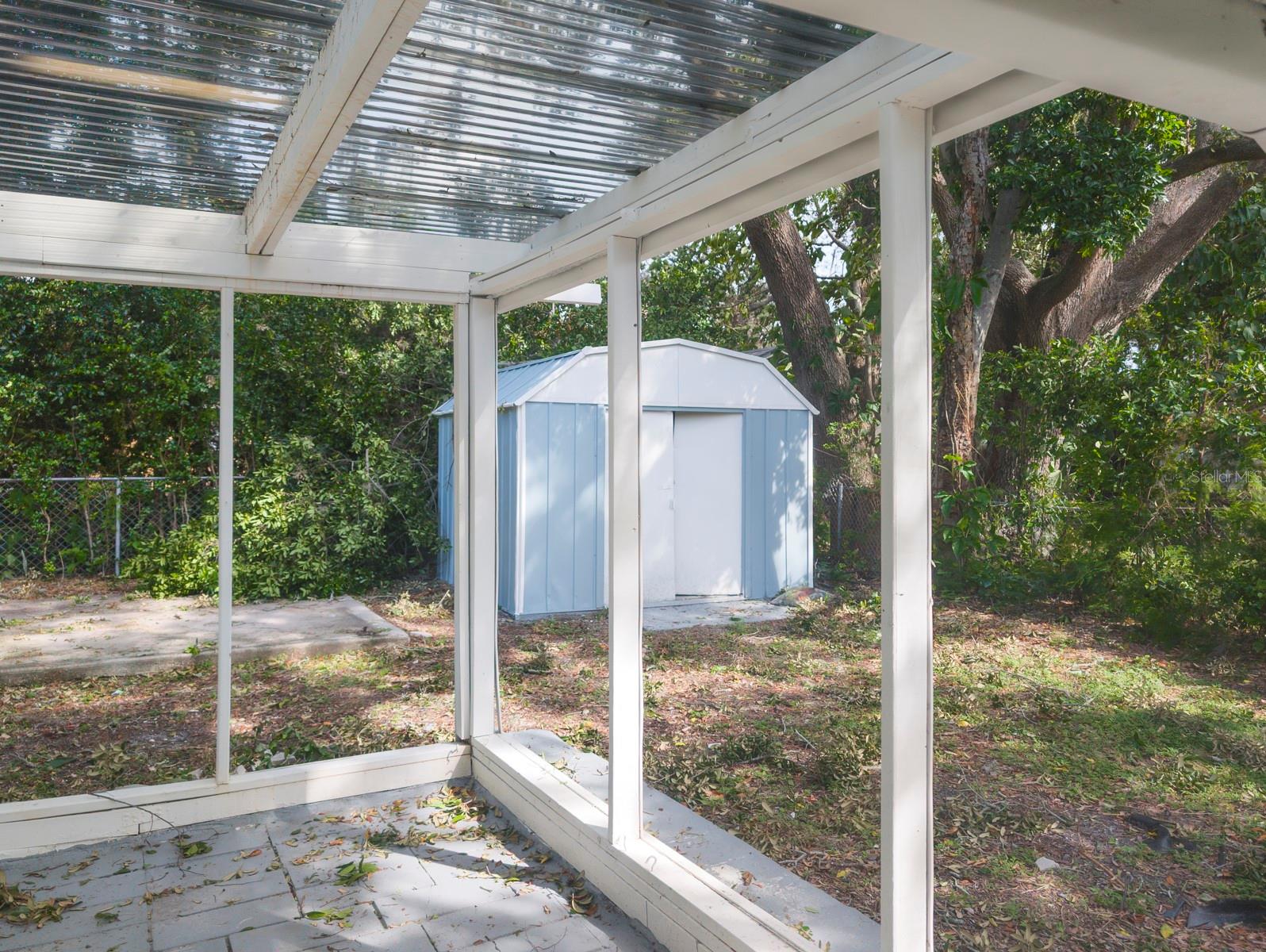 Outdoor patio looking towards the shed