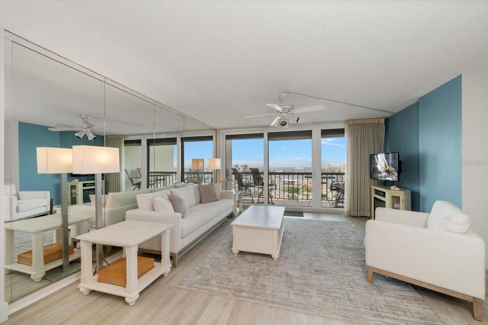 Spacious living room with water views