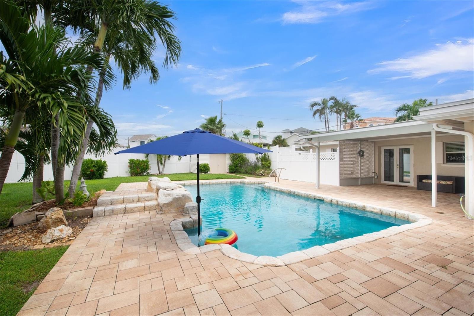 Salt water pool with swim platform