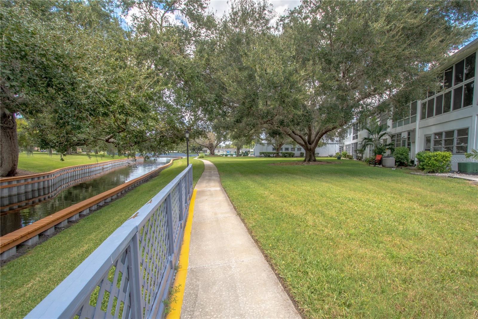 A paved walking path.