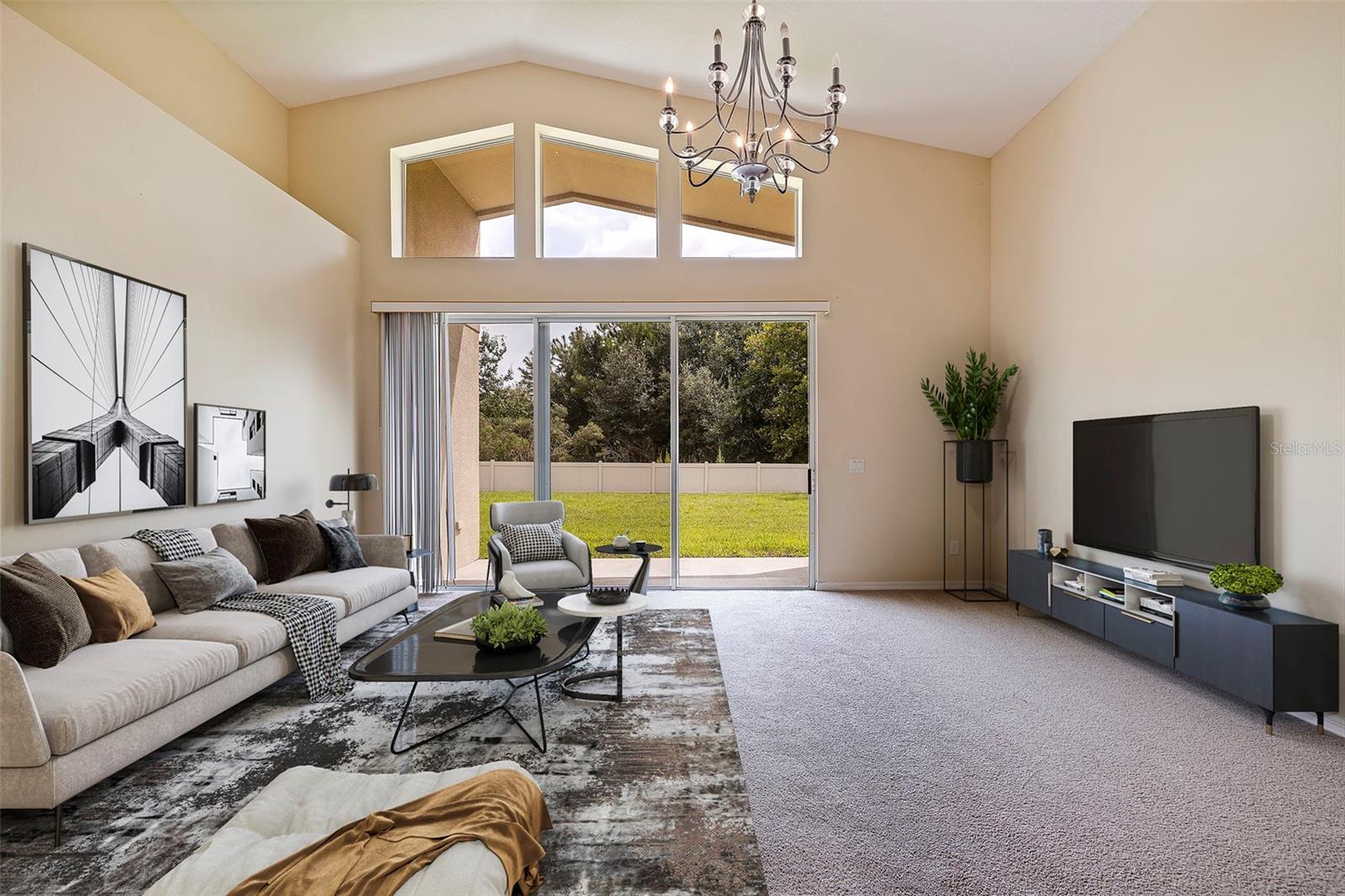 living room with high ceilings