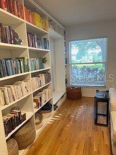 Another large window by bookshelves facing the park