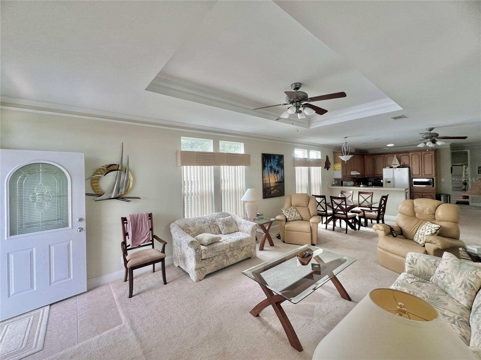 Living room with tray ceilings and crown molding