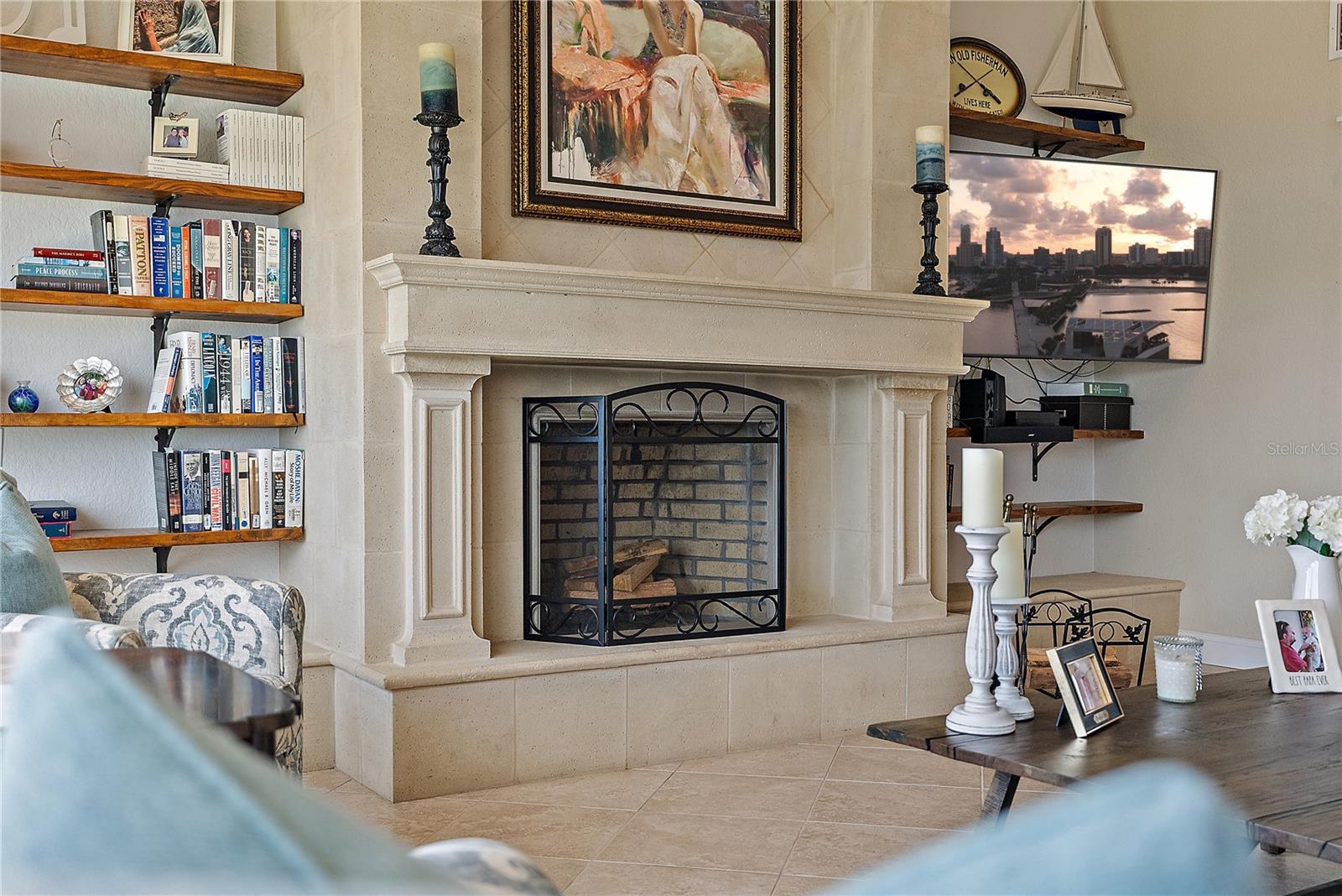 Fireplace with Custom Built Book Shelves