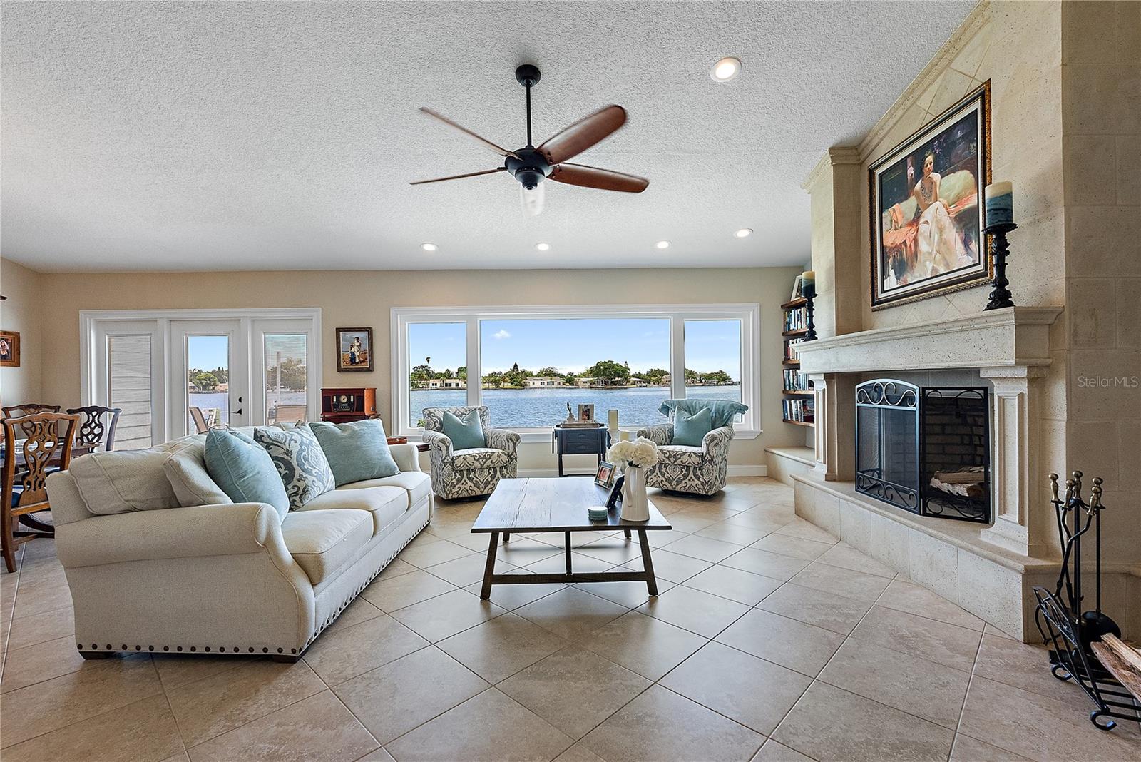 Family Room with Fireplace and Views of Boca Ciega Bay