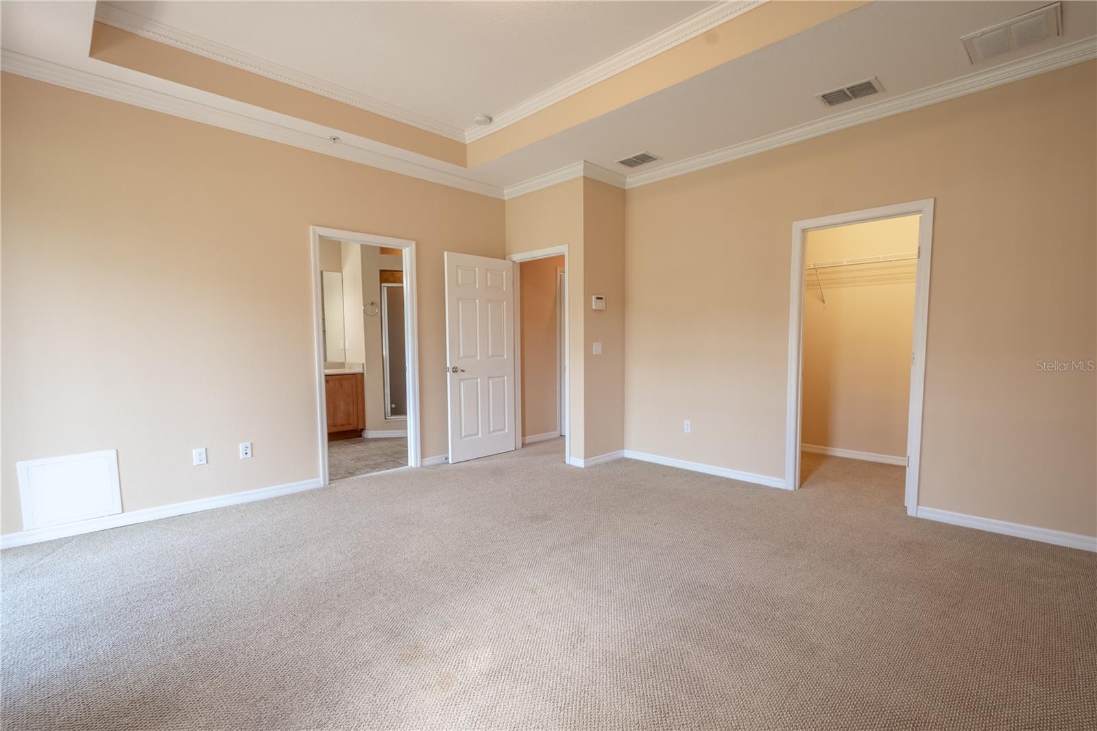 The spacious primary suite, tucked at the back of the home, offers a quiet retreat with elegant crown molding, a generous walk-in closet, and a private ensuite bathroom—your own personal haven for relaxation and comfort.