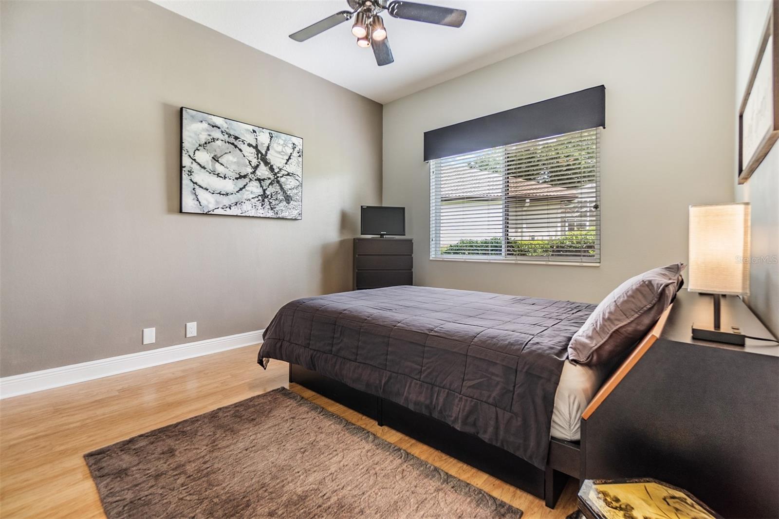 Guest Bedroom, Ceiling Fan and Pergo Flooring.