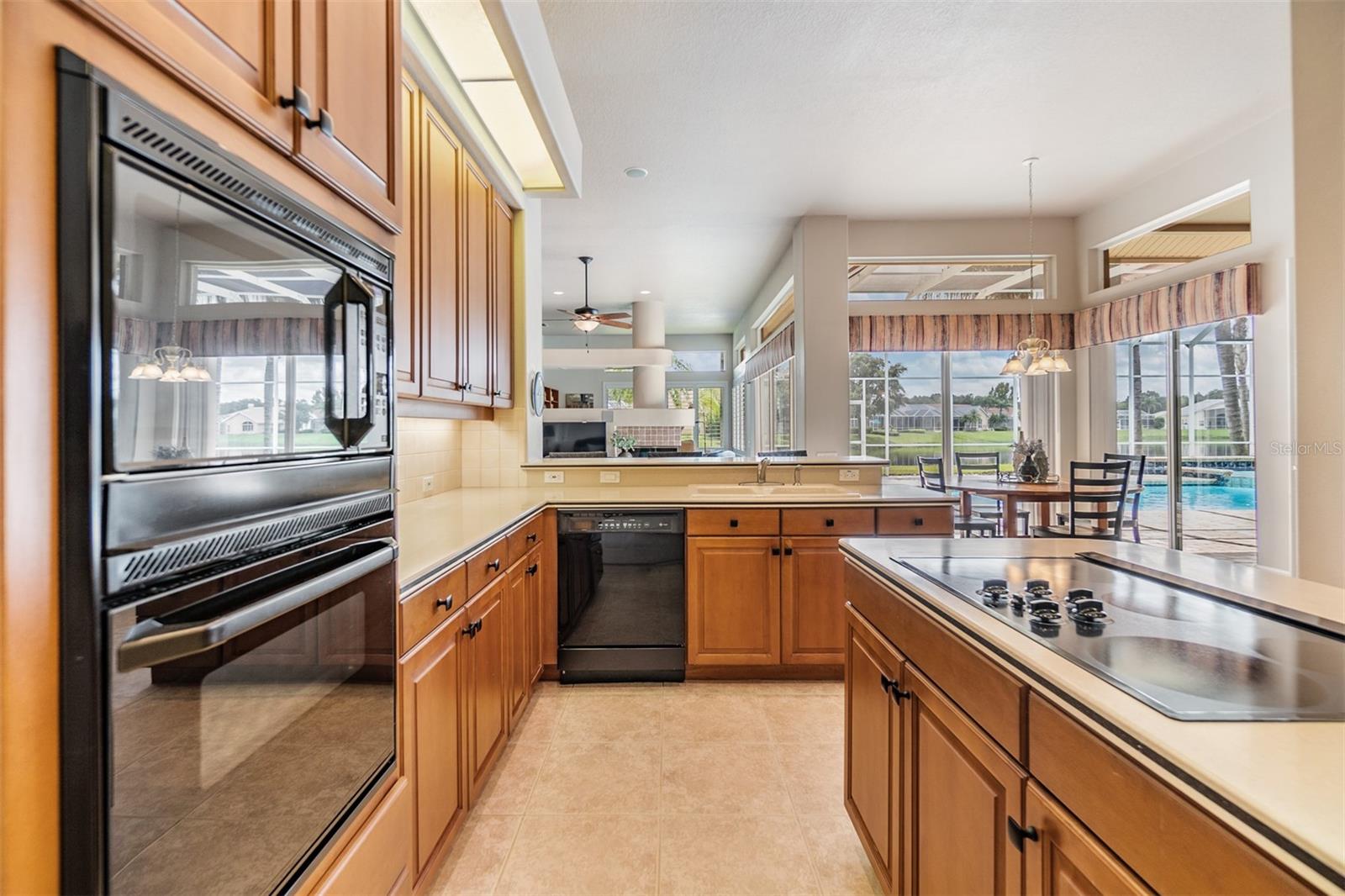 Open Kitchen, 12 ft ceilings, Tile Flooring and inset lights.