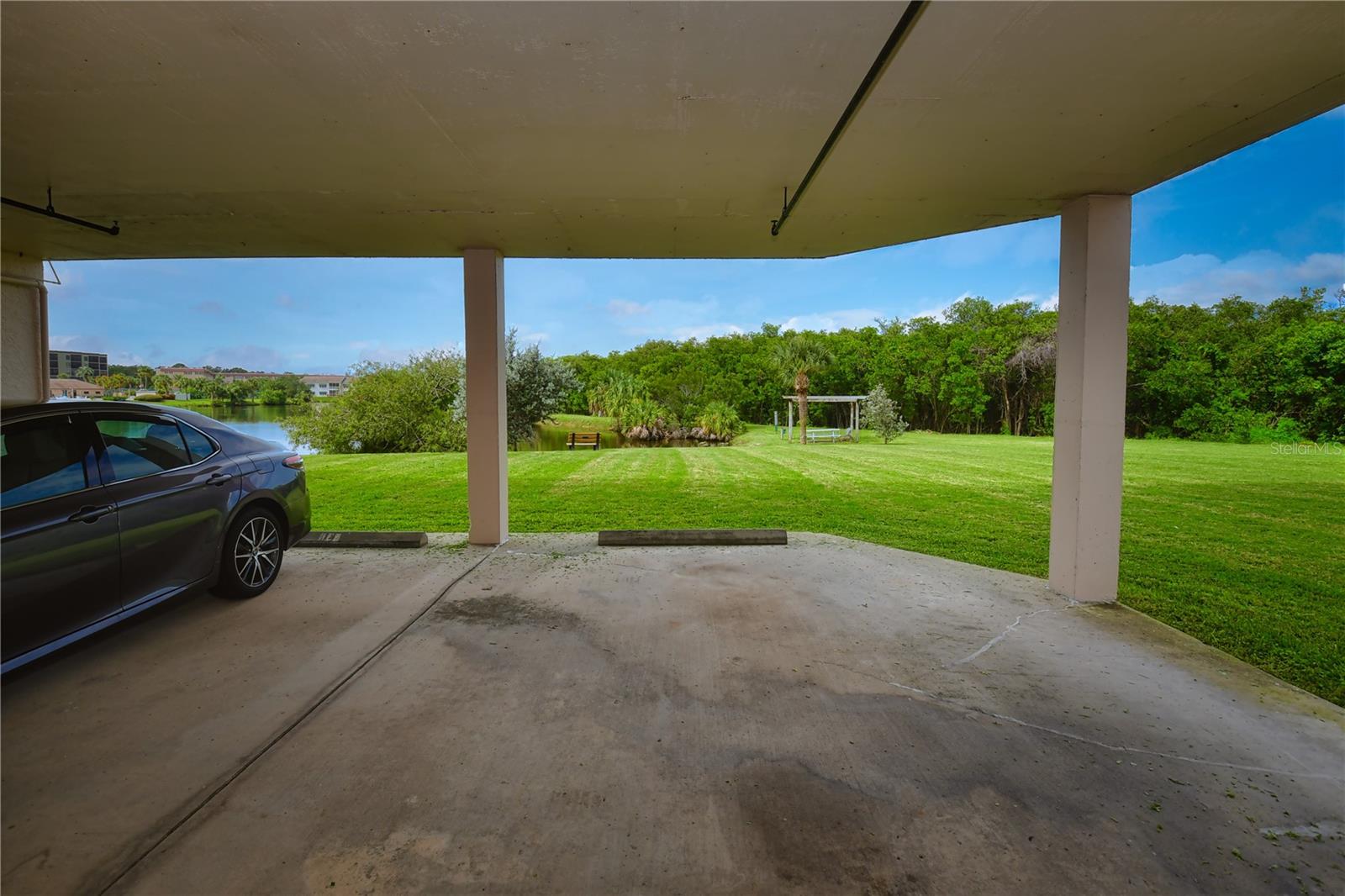 The oversized assigned parking space under the building.