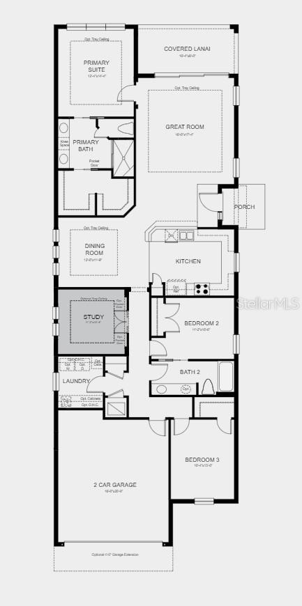 Floor Plan - Structural options added include: study in place of flex room, and tray ceiling in dining room, great room, and primary suite.