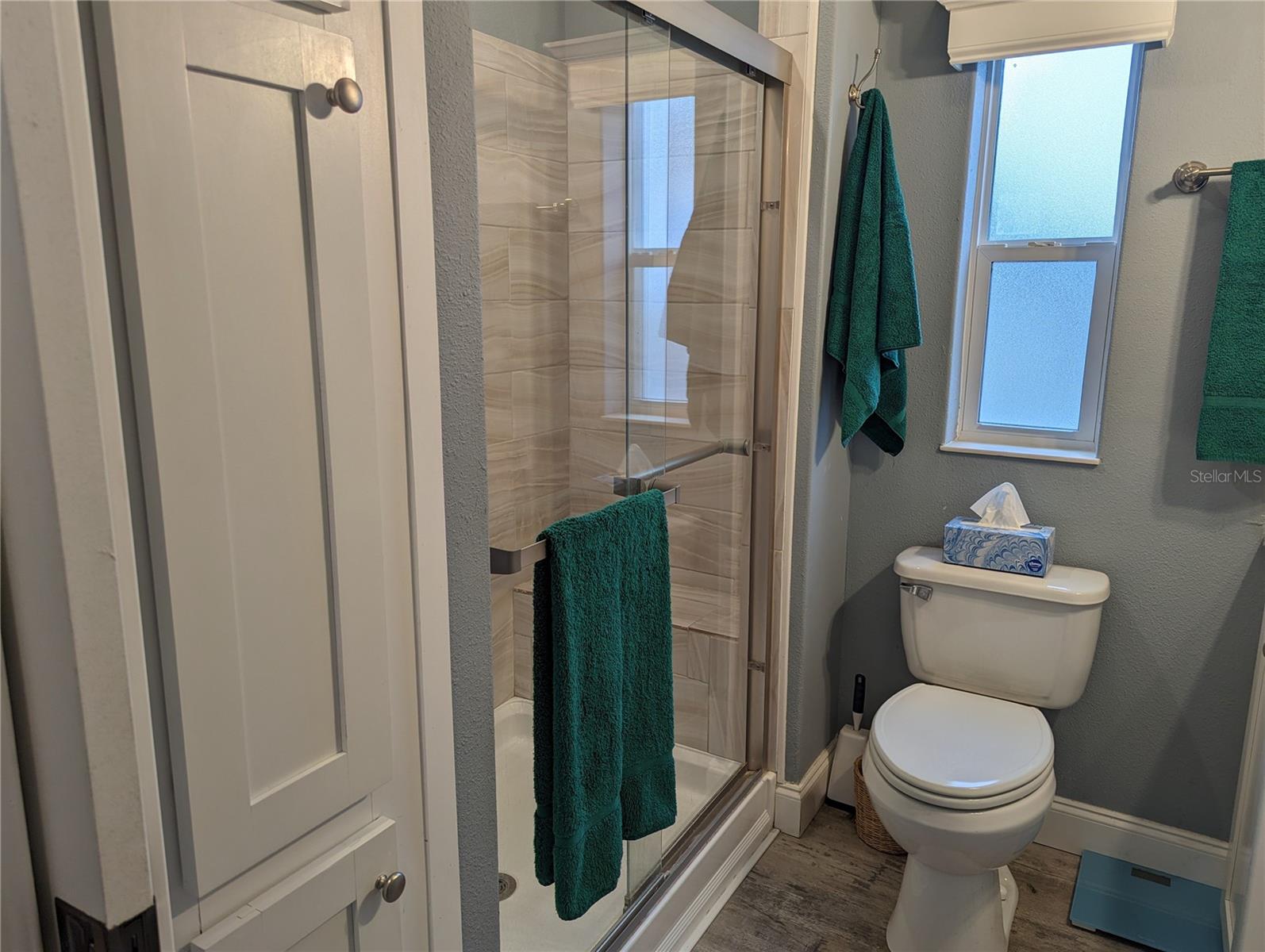 Linen cabinets to the left of the standup shower with tiled walls