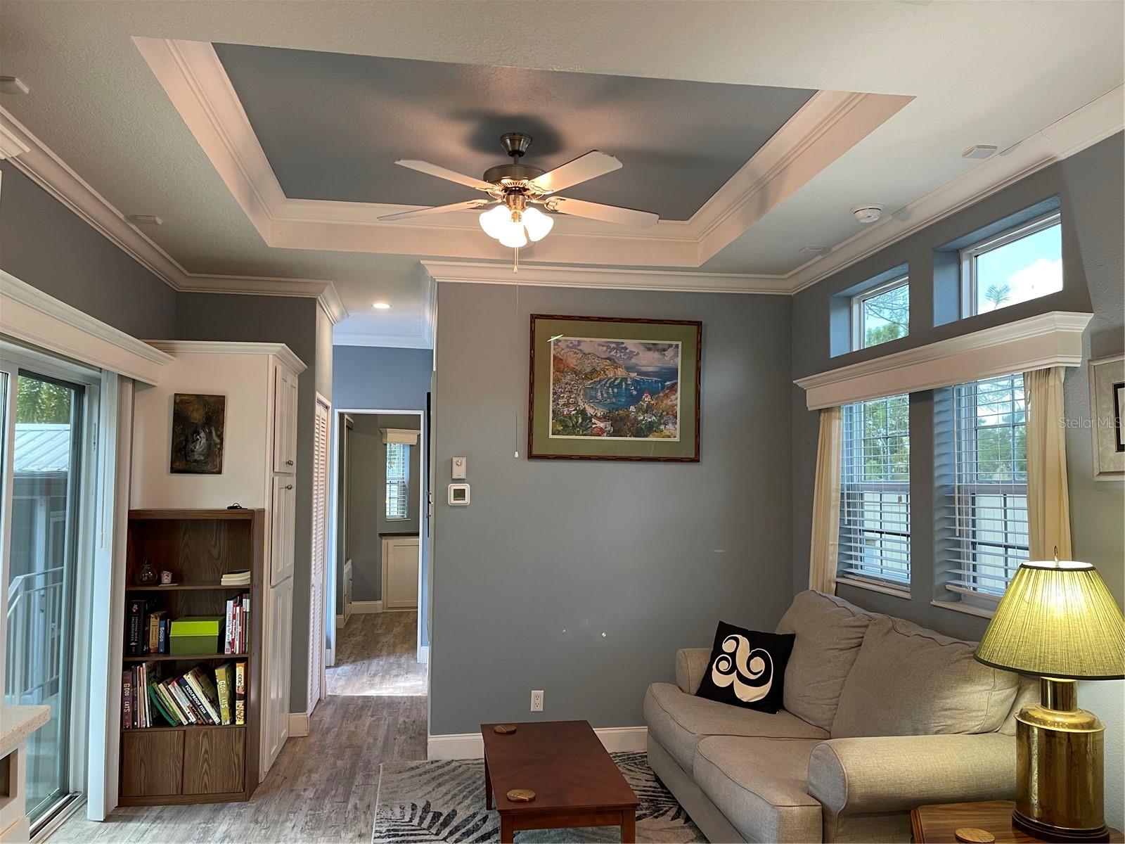 Tray Ceiling is striking. Vinyl flooring follows through in all the rooms.