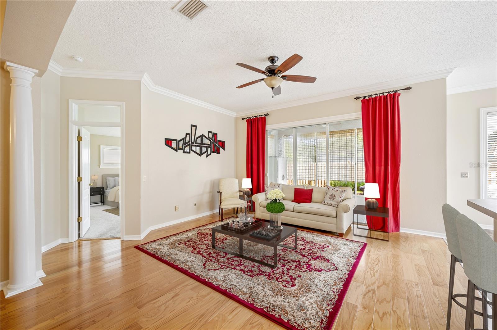 Great Room with hardwood floors.