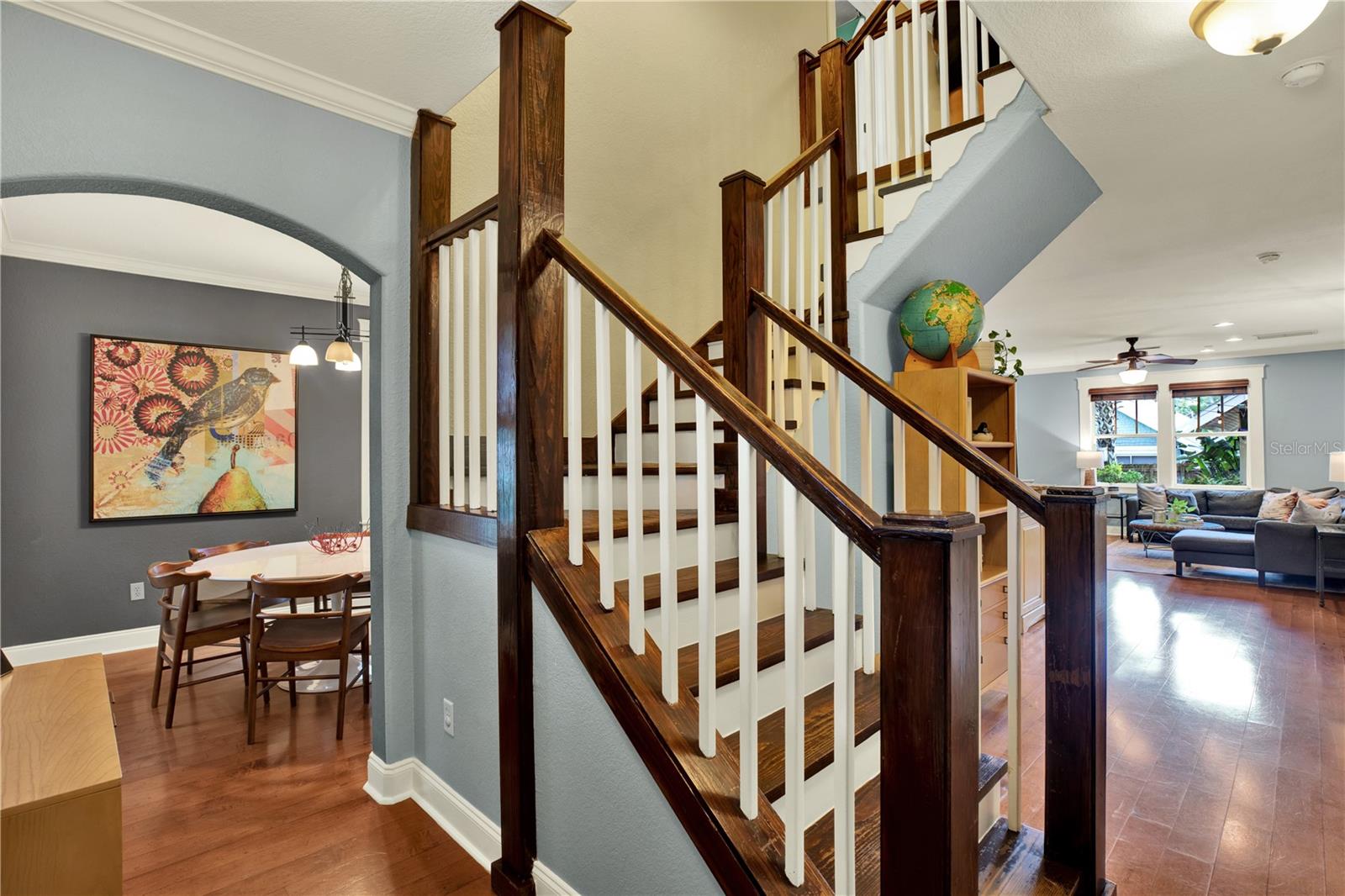 No need to worry about dirty carpeted stairs with this stunning wood staircase