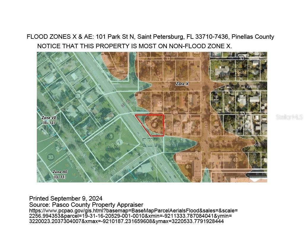 In Non-Flood Zone X and a very small area off Park, mostly the sidewalk area, in Flood Zone AE