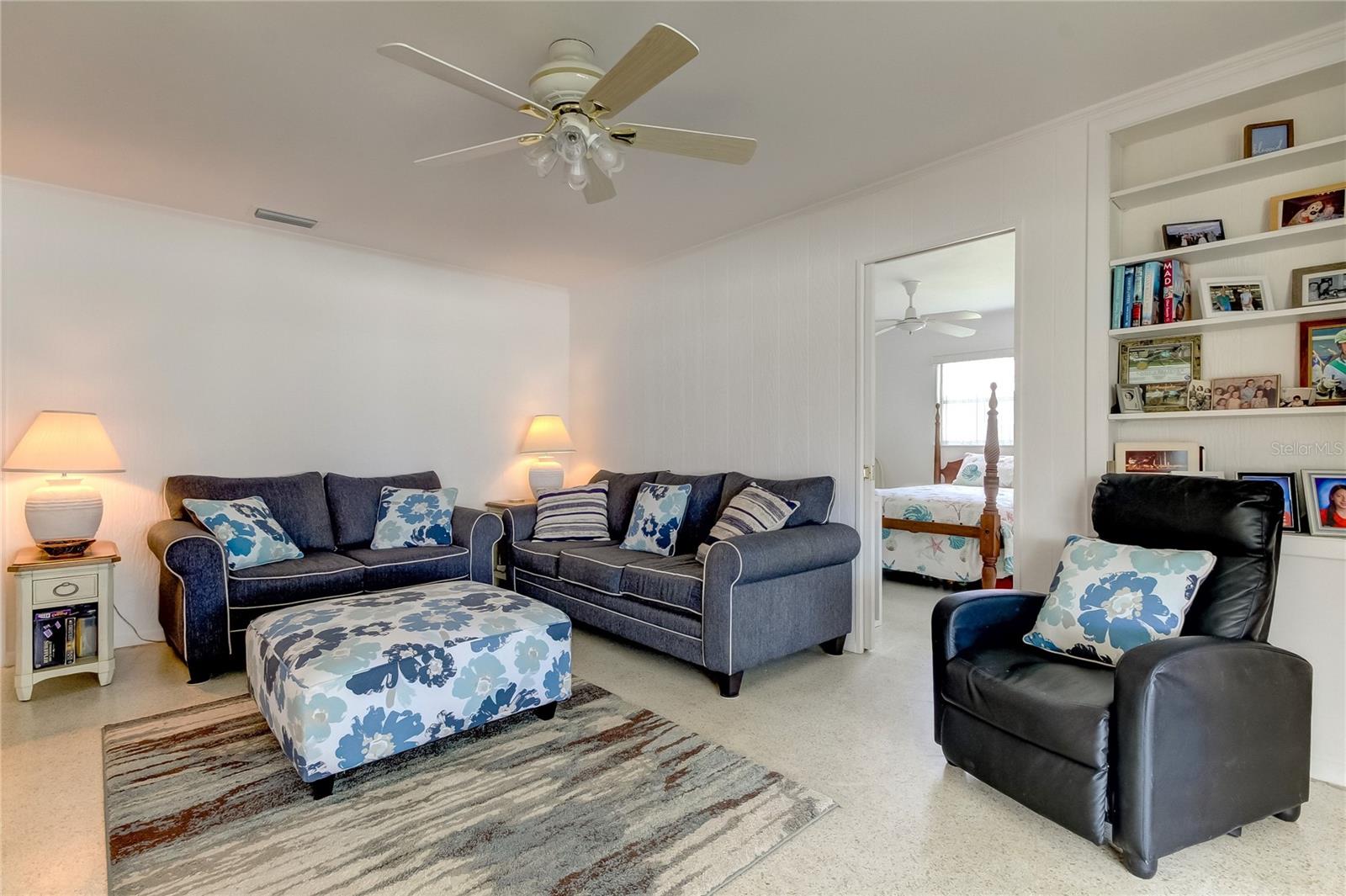 Family room with built in book shelf