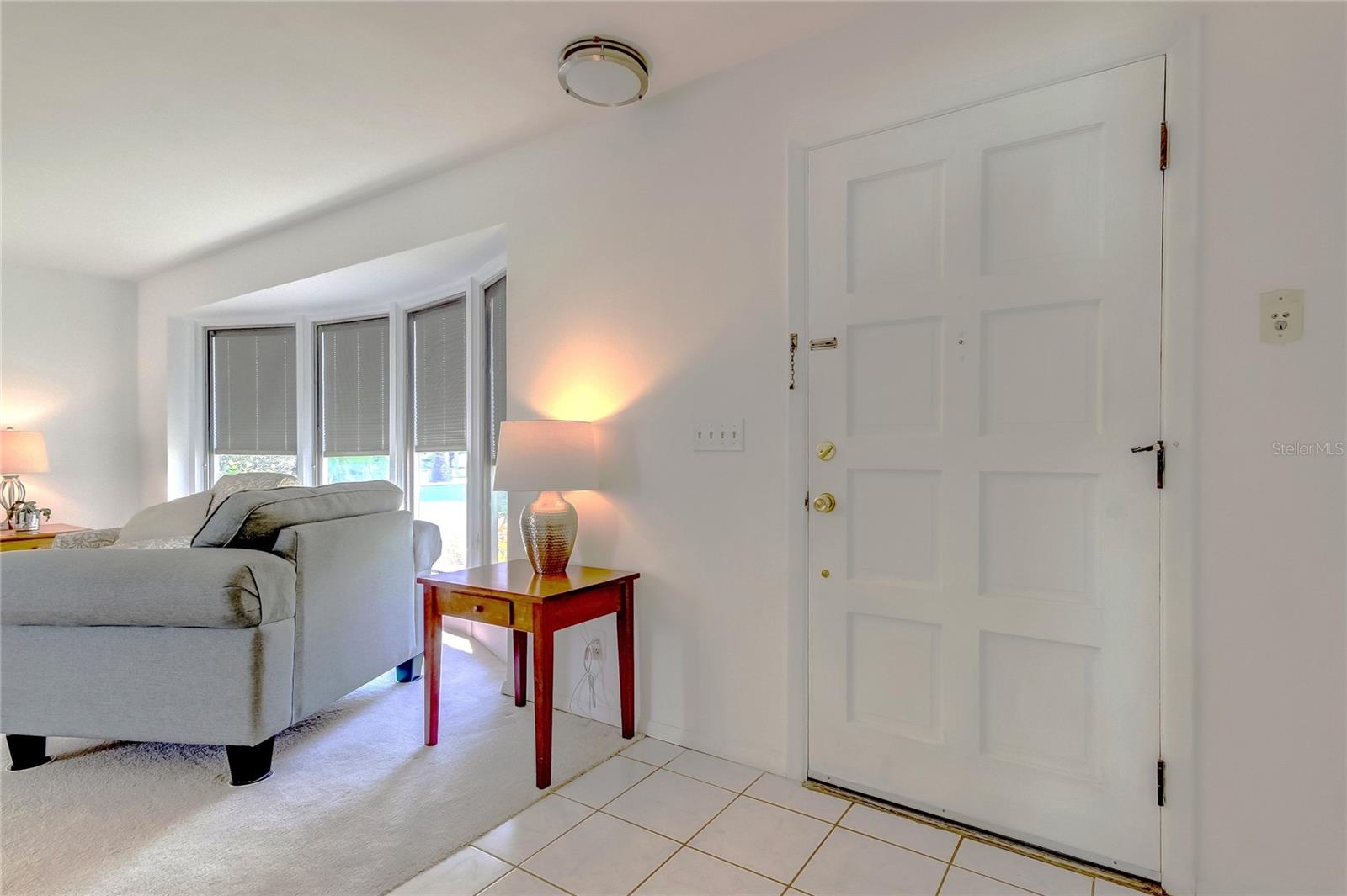 Foyer into formal living room with garage door entry to the left.