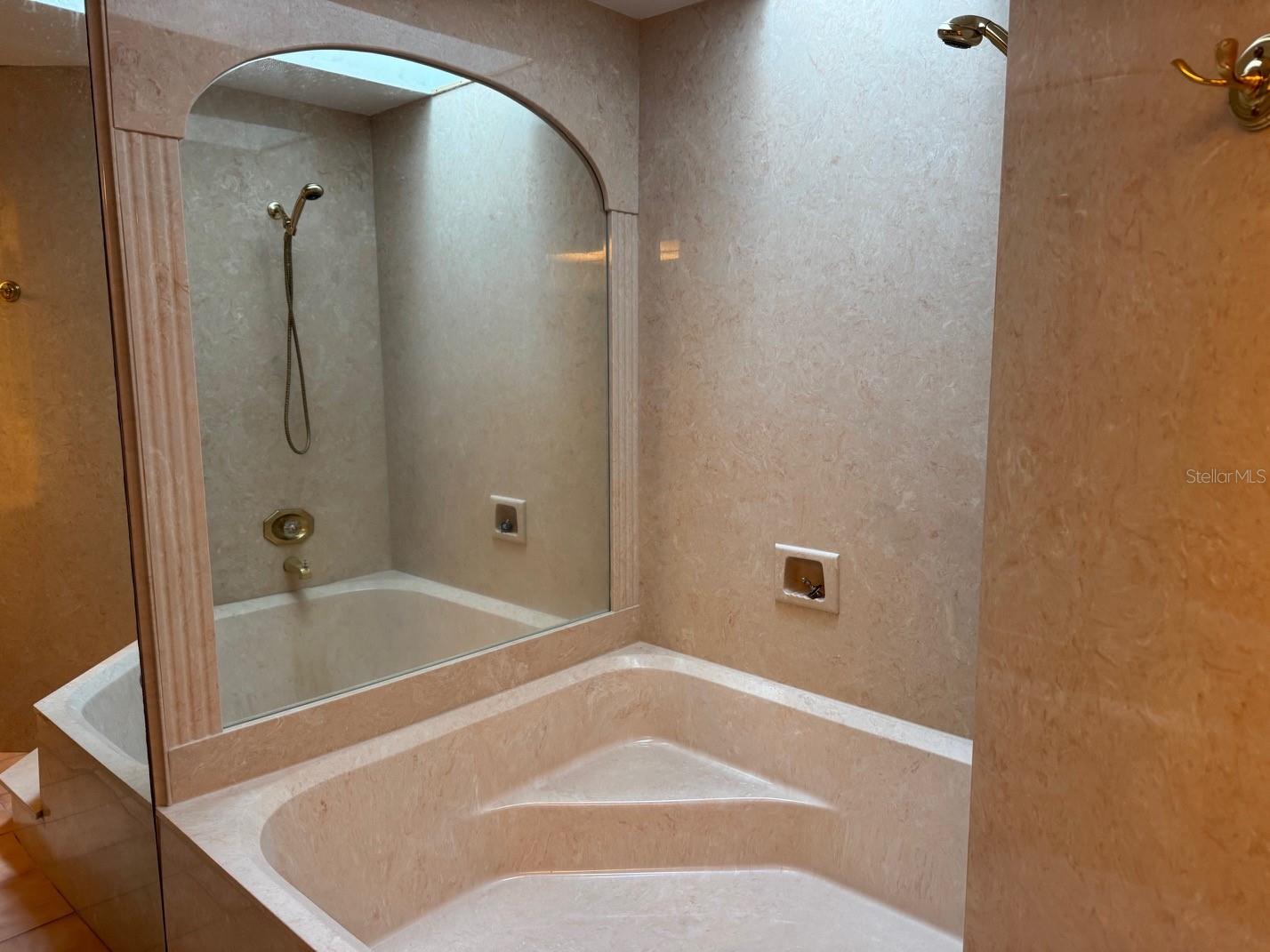 Primary soaker tub with shower and skylight