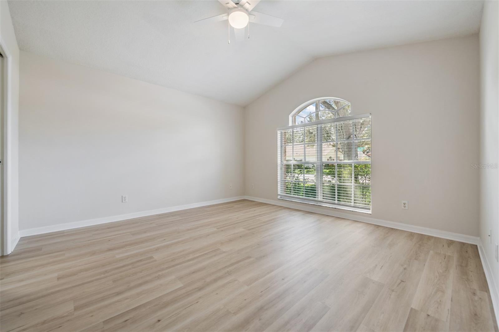 Master Bedroom, New LVP flooring, ceiling fan, high ceilings, new paint.