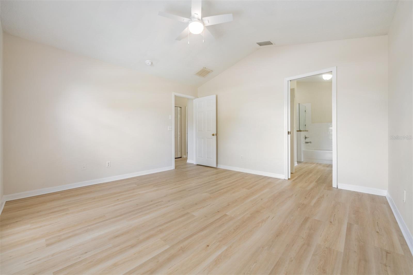 Master Bedroom, Ceiling Fan, New LVP flooring, High Ceilings, New Paint