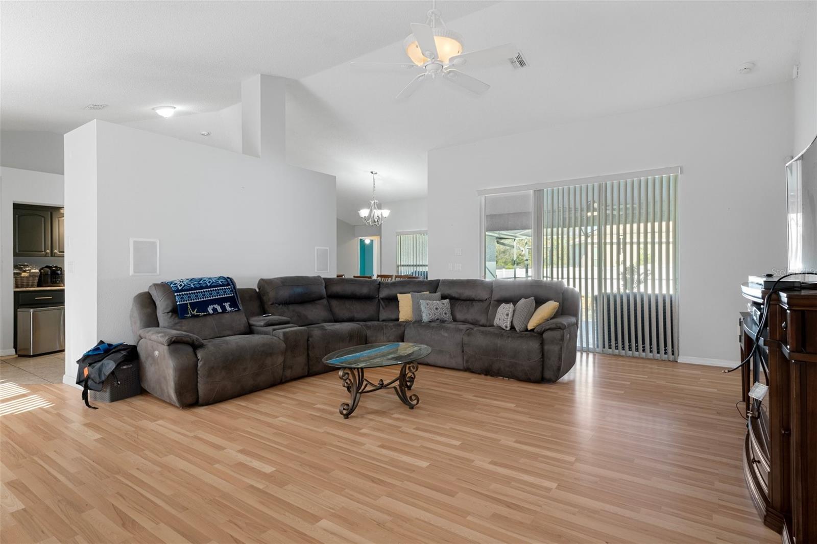 View from the sliding glass doors into the spacious living room