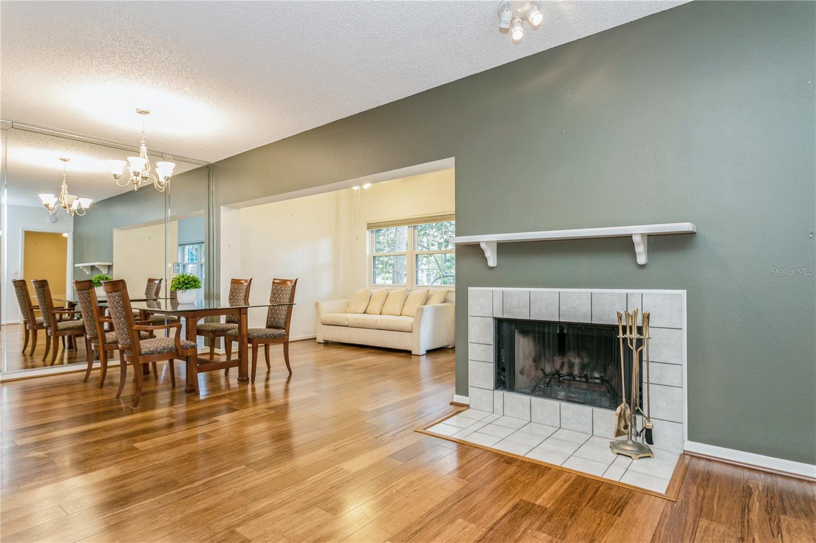 Gorgeous wood burning fireplace in living room.